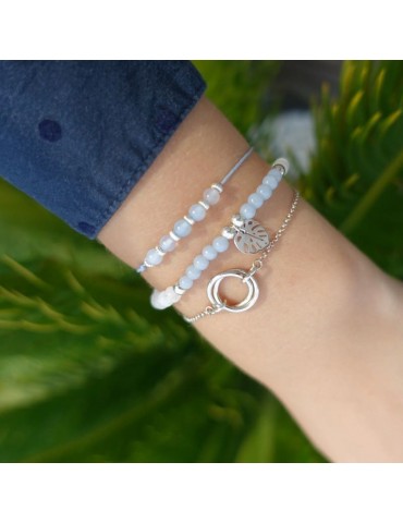 Bracelet Angélite et Pierre de lune avec feuille monstera en Argent 925 Aloe Bijoux