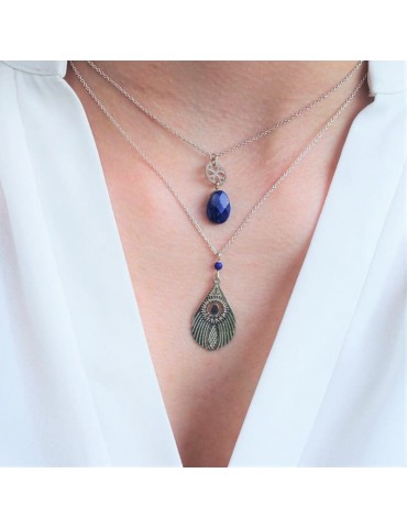 Collier avec Lapis lazuli et Plume de paon en Argent 925 Aloe Bijoux