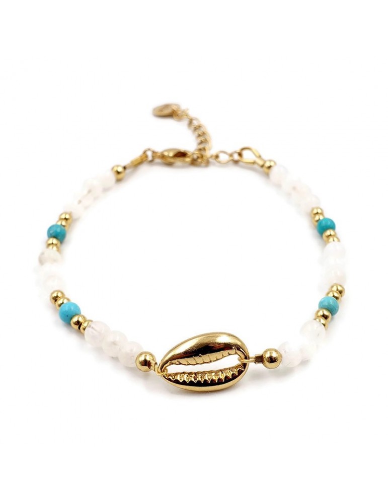 Bracelet Perle de lune et Turquoise Motif Coquillage en plaqué or Bracelet Perle de lune et Turquoise Motif Coquillage en plaqué or