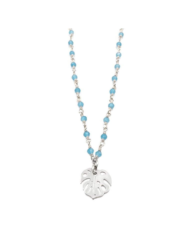 Collier perles d'Apatite et feuille monstera en Argent 925 - Cloé Aloe Bijoux