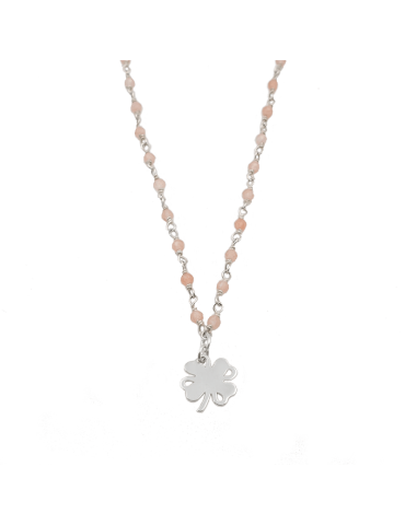 Collier perles de Quartz rose et Trèfle en Argent 925 - Cloé Aloe Bijoux