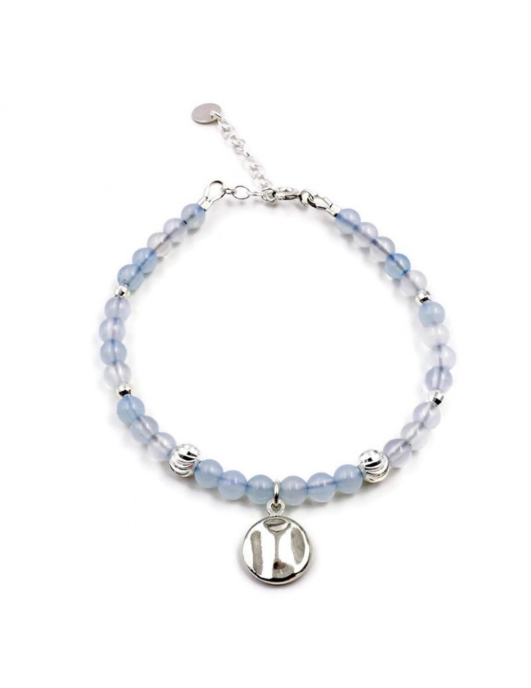 Bracelet Agate bleue et pastille martelée en Argent 925 - Kloé Aloe Bijoux