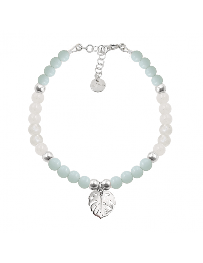 Bracelet Amazonite et Pierre de lune avec feuille monstera en Argent 925 Aloe Bijoux Bracelet Amazonite et Pierre de lune avec feuille monstera en Argent 925 Aloe Bijoux