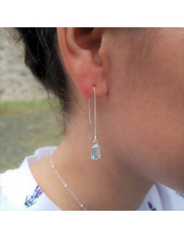 Boucles d'oreilles Topaze bleue sur chaîne longue Aloe Bijoux