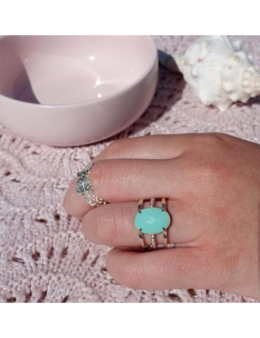 Bague perlée en argent et grande Amazonite - Nina Aloe Bijoux