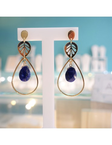 Boucles d'oreilles pendantes Feuille ajourée et Lapis lazuli en Plaqué or Aloe Bijoux