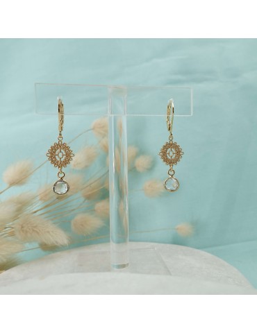 Boucles d'oreilles fleur dentelle plaqué or et cristal de roche Aloe Bijoux