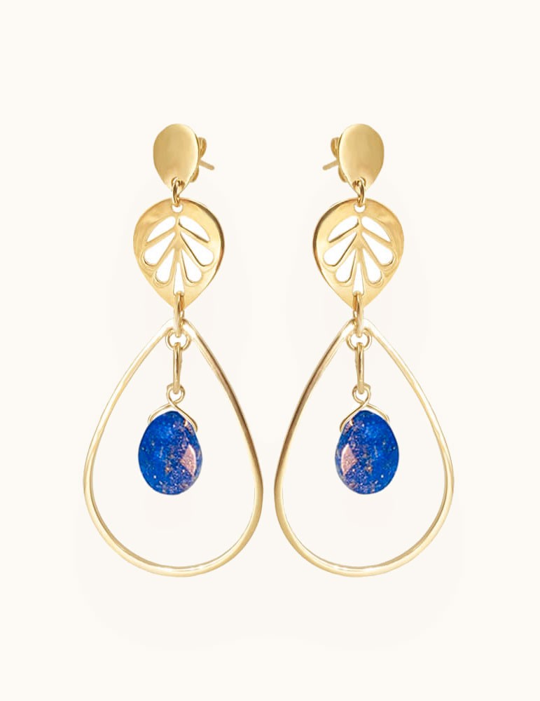 Boucles d'oreilles pendantes Feuille ajourée et Lapis lazuli en Plaqué or Aloe Bijoux