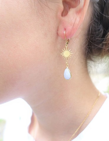 Boucles d'oreilles soleil Calcédoine bleue en plaqué or Aloe Bijoux