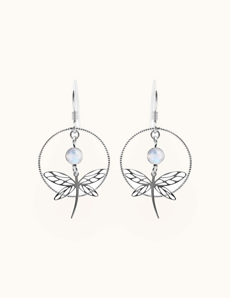 Boucles d'oreilles pierre de lune et Libellule en Argent 925