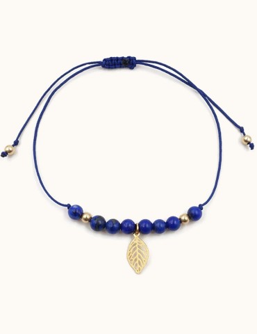 Bracelet cordon Pierre Lapis lazuli avec pampille feuille en plaqué or Aloe Bijoux