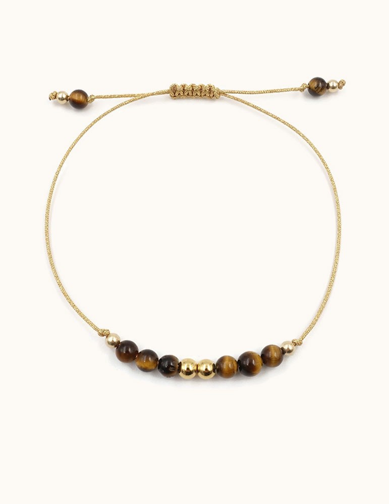 Bracelet cordon Pierre Oeil de tigre et perles en plaqué or