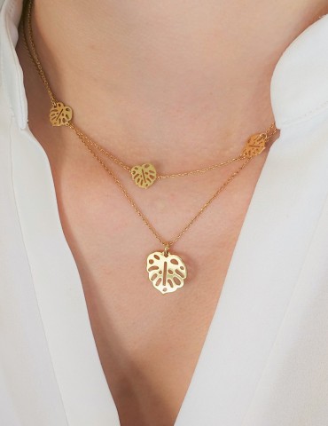 Collier petite feuille Monstera en plaqué or Colliers