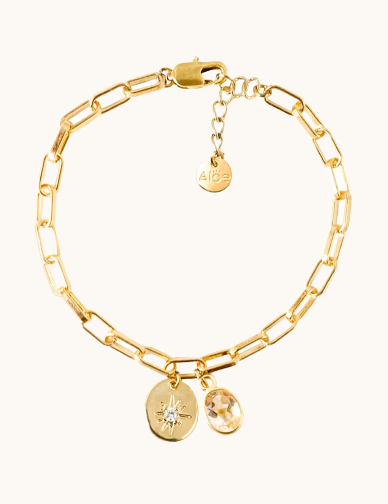 Bracelet mailles rectangles avec médaille étoile et citrine