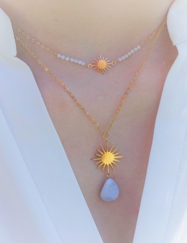 Collier calcédoine bleue et Soleil en Plaqué Or Aloe Bijoux