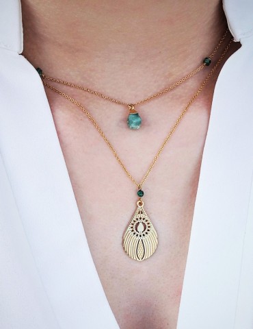 Collier Plume de paon et Malachite en plaqué or Aloe Bijoux