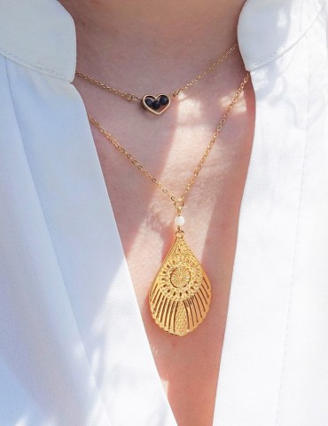 Collier Grande plume de paon avec Pierre de lune en Plaqué or Aloe Bijoux