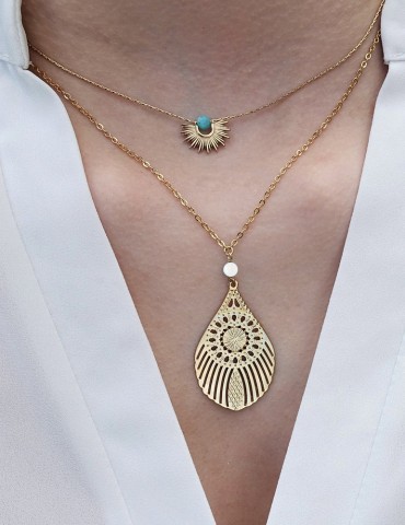 Collier Grande plume de paon avec Pierre de lune en Plaqué or Aloe Bijoux