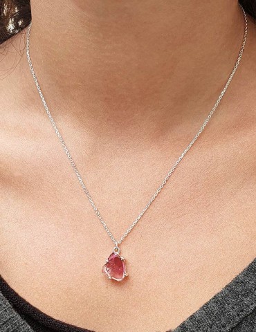 Collier en Argent 925 avec Tourmaline Rose Brute Naturelle Aloe Bijoux