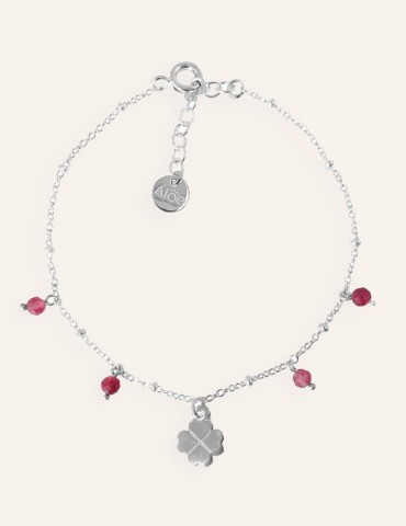 Bracelet Trèfle à quatre feuilles en Argent 925 avec Tourmaline Rose. Aloe Bijoux