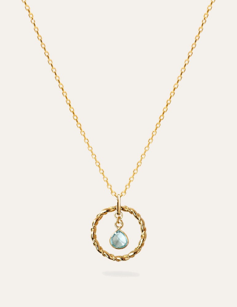 Collier Plaqué Or avec Cercle Texturé et Topaze Bleue Pendante - Ines Aloe Bijoux