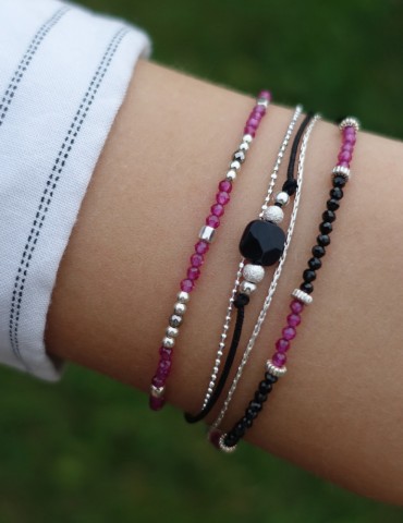 Bracelet perles Spinelle noir - Rubellite 2mm et Argent 925 Aloe Bijoux