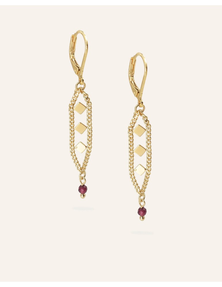Boucles Pendantes 3 Losanges en Plaqué Or avec Grenats Aloe Bijoux Boucles Pendantes 3 Losanges en Plaqué Or avec Grenats Aloe Bijoux