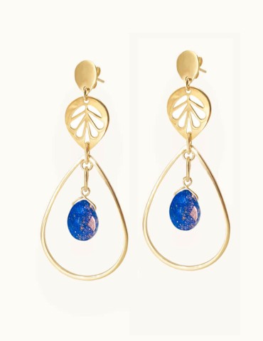 Boucles d'oreilles pendantes Feuille ajourée et Lapis lazuli en Plaqué or Aloe Bijoux