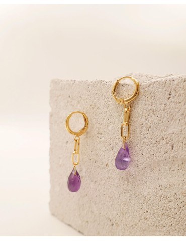 Mini Créoles 2 Maillons en Plaqué Or avec Goutte d’Améthyste Aloe Bijoux