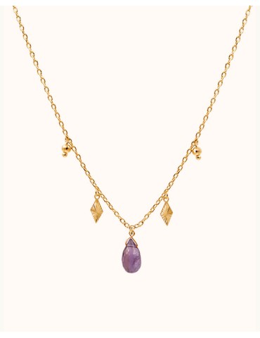 Collier Pampilles Losanges en Plaqué Or avec Goutte d’Améthyste Aloe Bijoux