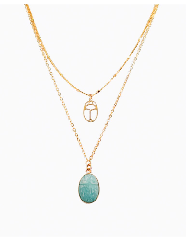 Collier Double Rang Scarabée en Plaqué Or et Amazonite Colliers