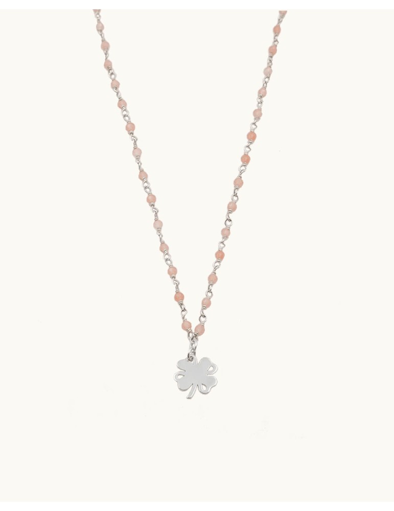 Collier pierre de lune rose et Trèfle en Argent 925 - Cloé Aloe Bijoux