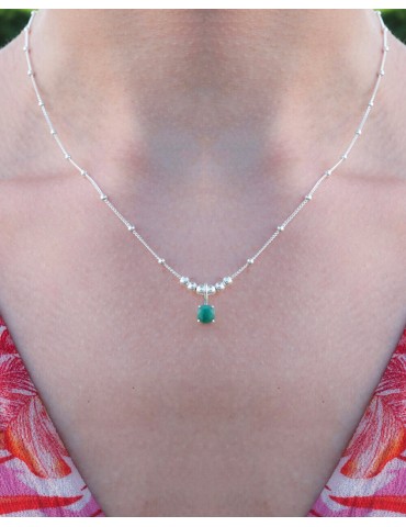 Collier Chaîne Perlée en Argent 925 avec Pendentif Émeraude Aloe Bijoux