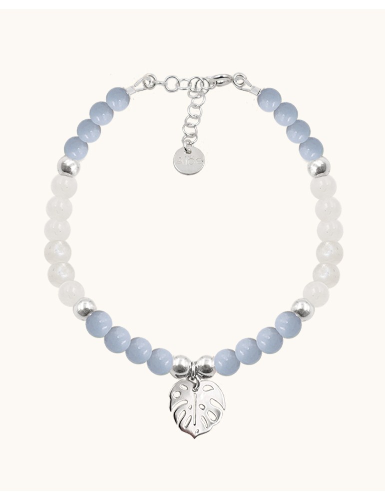 Bracelet Angélite et Pierre de lune avec feuille monstera en Argent 925