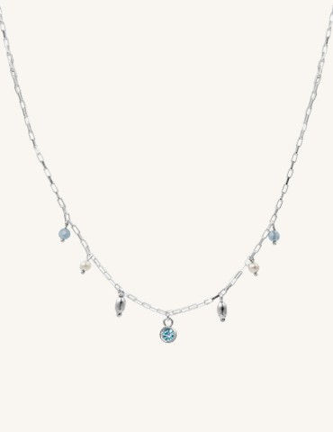 Collier pampilles topaze, aigue-marine & perles en argent Aloe Bijoux