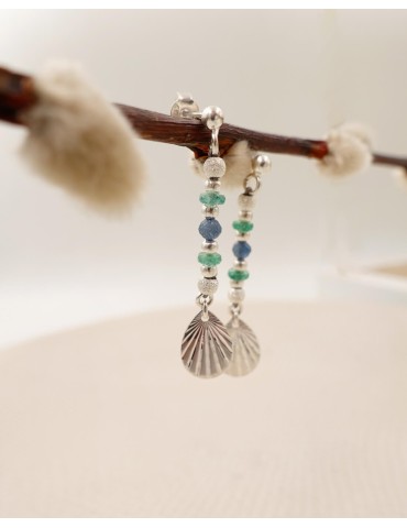 Boucles d'oreilles pendantes en argent émeraude et saphir Aloe Bijoux