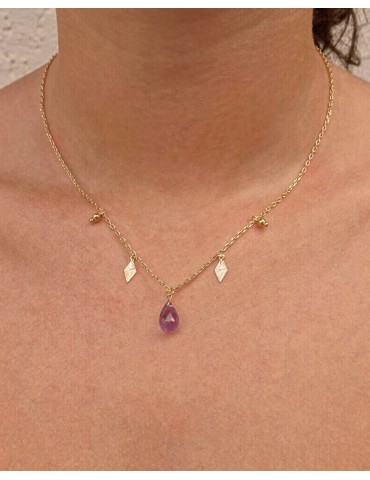 Collier Pampilles Losanges en Plaqué Or avec Goutte d’Améthyste Aloe Bijoux
