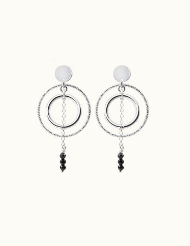 Boucles d’Oreilles Doubles Cercles en Argent 925 et Spinelle Noir