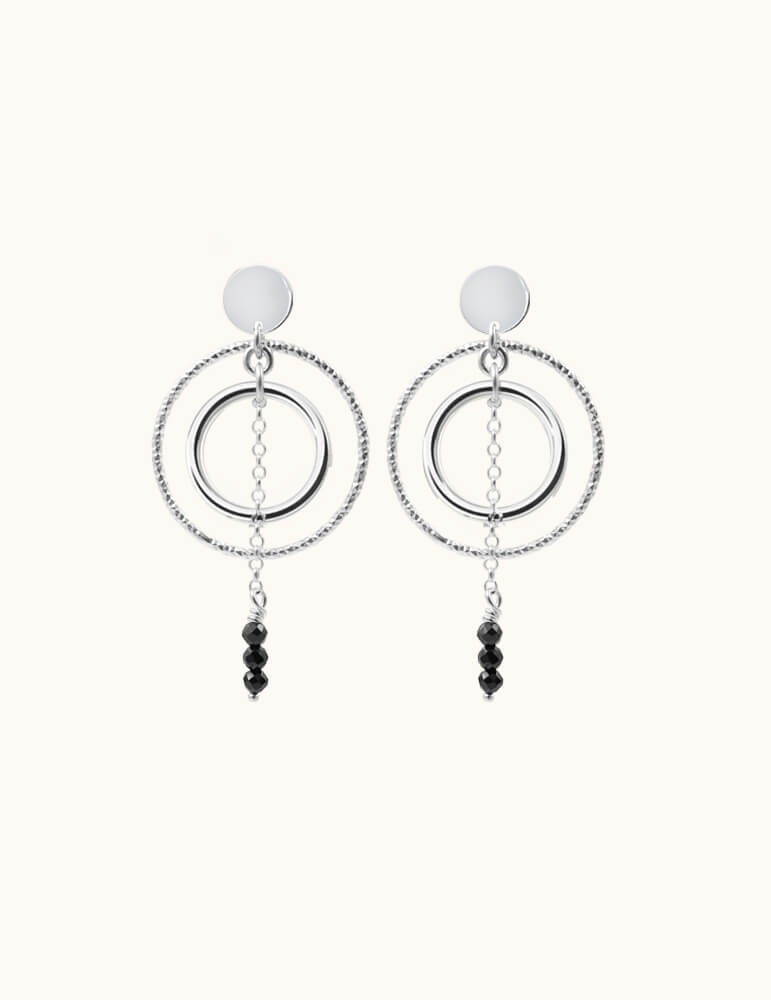 Boucles d’Oreilles Doubles Cercles en Argent 925 et Spinelle Noir